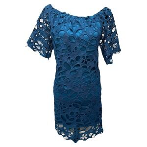 Pretty Garden Midi Dress Women's Size Large Teal Off Shoulder Eyelet Lace Lining